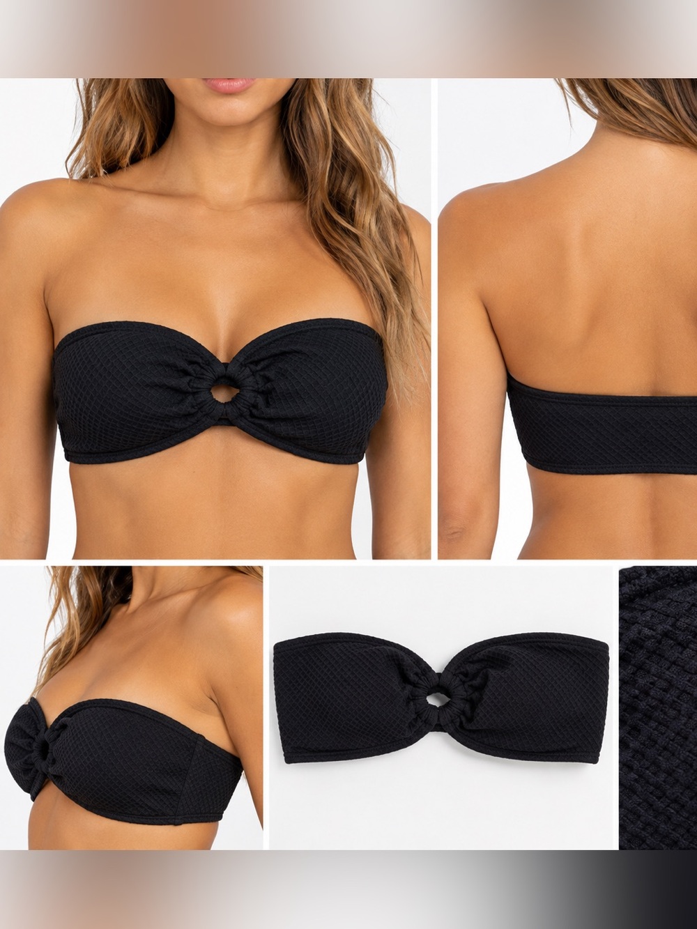 Cabana Del Sol Black Textured Bandeau Bikini Top M Strapless Swim